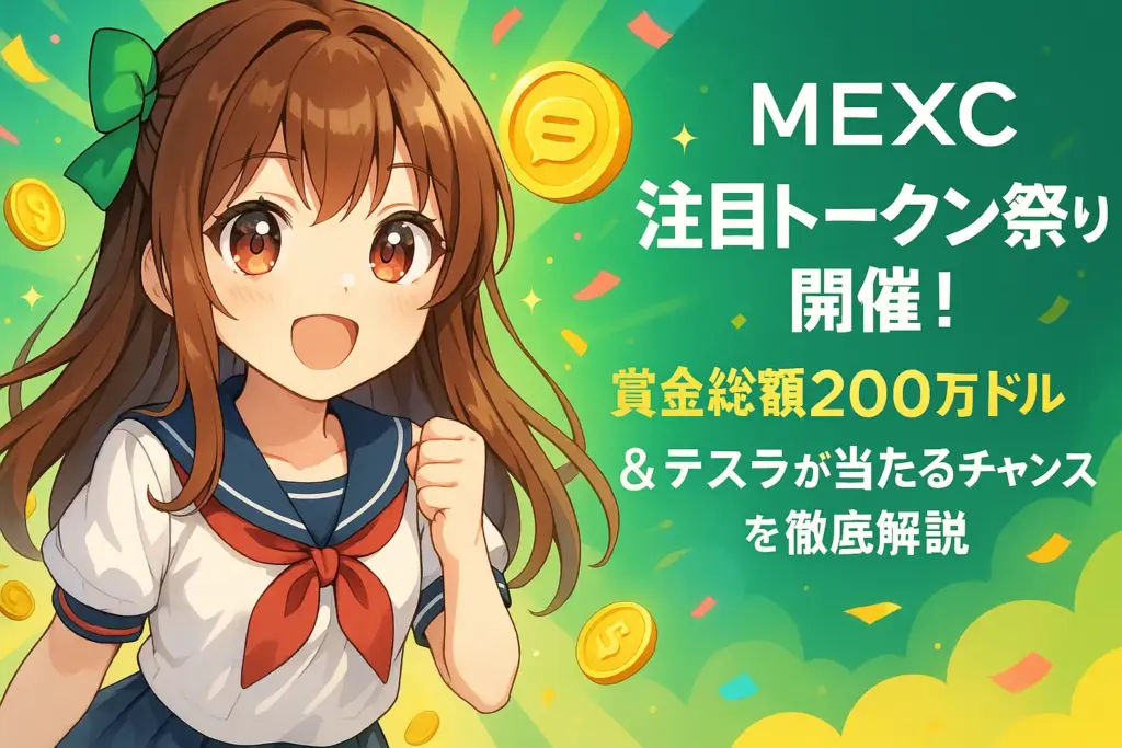 MEXCが開催する「注目トークン祭り」のイメージ画像。総額200万ドルの賞金プールやテスラが当たるチャンスを紹介し、手数料0・最大600%APRの特典をわかりやすく解説している様子。