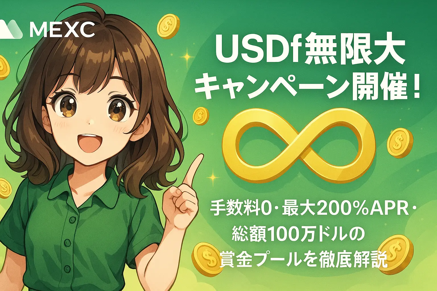 MEXC取引所の「USDf無限大キャンペーン」を紹介する記事のアイキャッチ画像。手数料0や最大200％APR、総額100万ドルの賞金プールなど豪華特典を解説している。