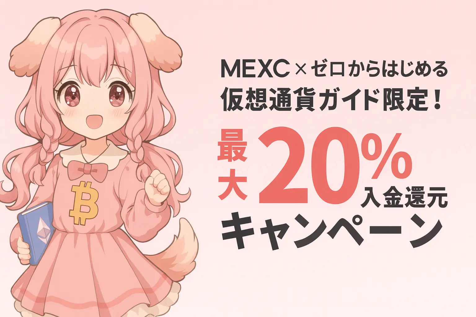 EXCとゼロからはじめる仮想通貨ガイドの限定コラボキャンペーンを紹介する画像。最大20％の入金還元内容をわかりやすく解説しているイメージ