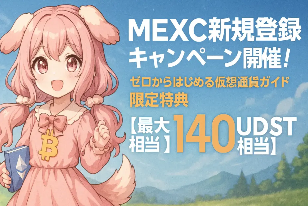 MEXCの新規登録キャンペーンを紹介するブログ記事用アイキャッチ画像。ゼロからはじめる仮想通貨ガイド限定の特典として最大140USDT相当がもらえる内容をわかりやすく伝えている。
