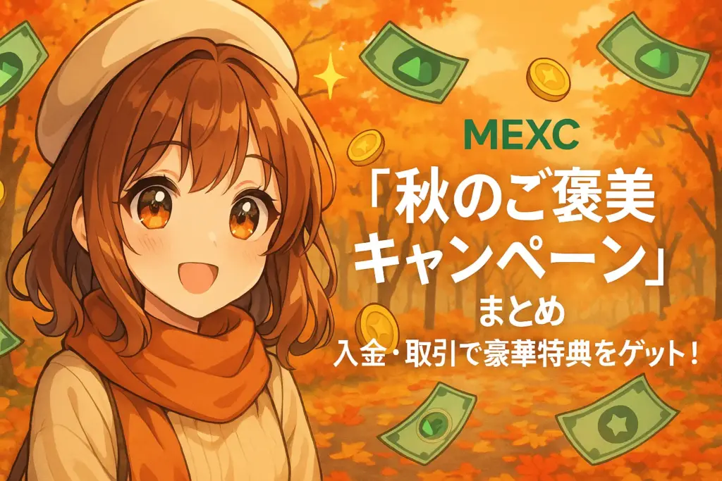 MEXCが開催する「秋のご褒美キャンペーン」を紹介する記事のアイキャッチ画像。入金や取引で豪華特典をもらえる内容をわかりやすく伝えている。