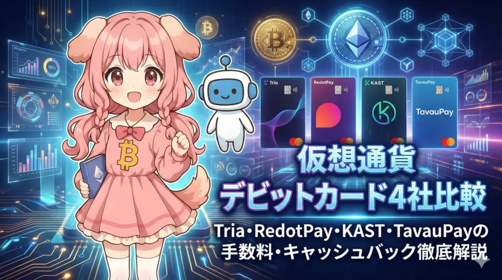 Tria・RedotPay・KAST・TavauPayの仮想通貨デビットカード4社を、手数料やキャッシュバックの違いが分かるように比較したアイキャッチ画像