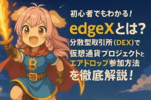 EdgeXは次世代の分散型取引所（DEX）として注目される仮想通貨プロジェクト。エアドロップへの参加手順や特徴をわかりやすく解説しているイメージ。
