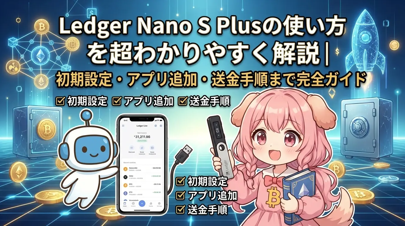 Ledger Nano S Plusの使い方を初心者向けに解説したイメージ。初期設定の手順、アプリの追加方法、仮想通貨を安全に送金する流れまでを図解付きでわかりやすく説明している。