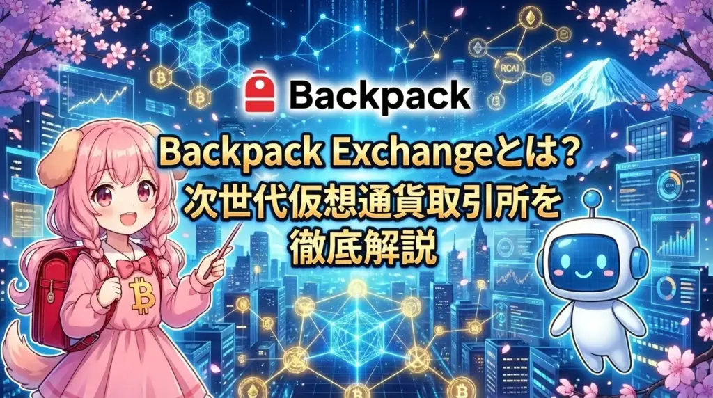 Backpack Exchangeとは何かを解説するためのイメージで、次世代の仮想通貨取引所としての特徴や仕組み、安全性、利用イメージがわかるビジュアル