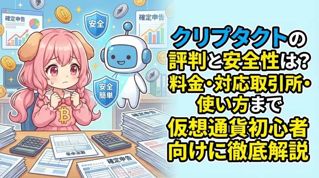 クリプタクトの評判や安全性、料金プラン、対応している取引所、初心者向けの使い方をまとめて解説する記事のイメージ画像。信頼性のある仮想通貨管理ツールを紹介している雰囲気を表現。