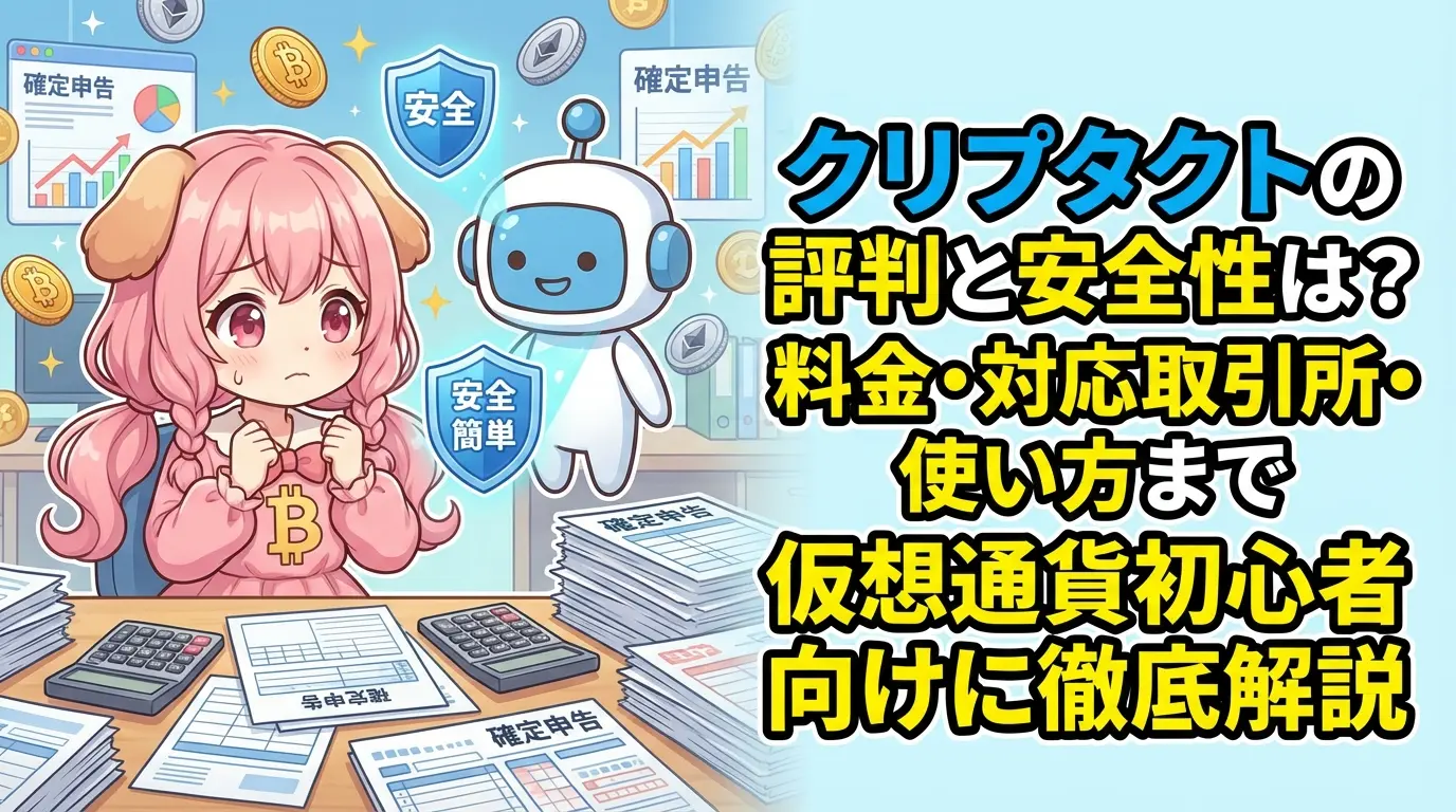 クリプタクトの評判や安全性、料金プラン、対応している取引所、初心者向けの使い方をまとめて解説する記事のイメージ画像。信頼性のある仮想通貨管理ツールを紹介している雰囲気を表現。