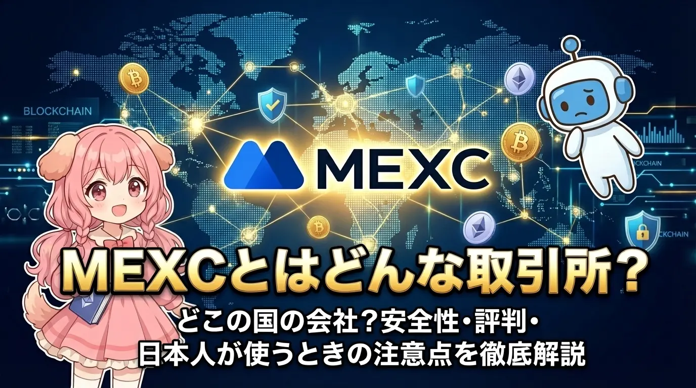 MEXC取引所とは何かを解説する記事のアイキャッチ画像。運営国や会社情報、安全性、評判、日本人が利用する際の注意点について初心者にもわかりやすくまとめている様子を表している。