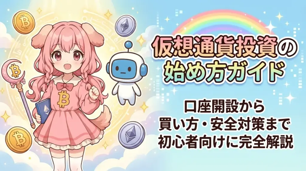 仮想通貨投資の始め方を初心者向けに解説するガイド画像。口座開設や購入方法、安全対策までの流れをわかりやすく説明しているイメージ。