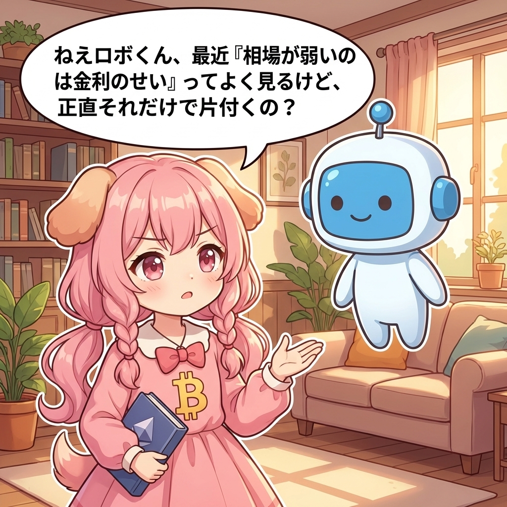ビトちゃん吹き出し：ねえロボくん、最近「相場が弱いのは金利のせい」ってよく見るけど、正直それだけで片