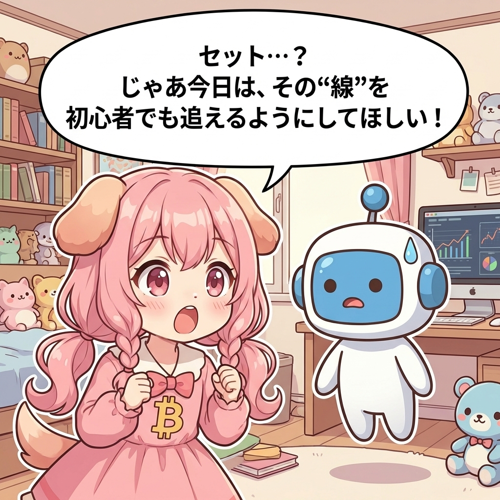 ビトちゃん吹き出し：セット…？ じゃあ今日は、その“線”を初心者でも追えるようにしてほしい！