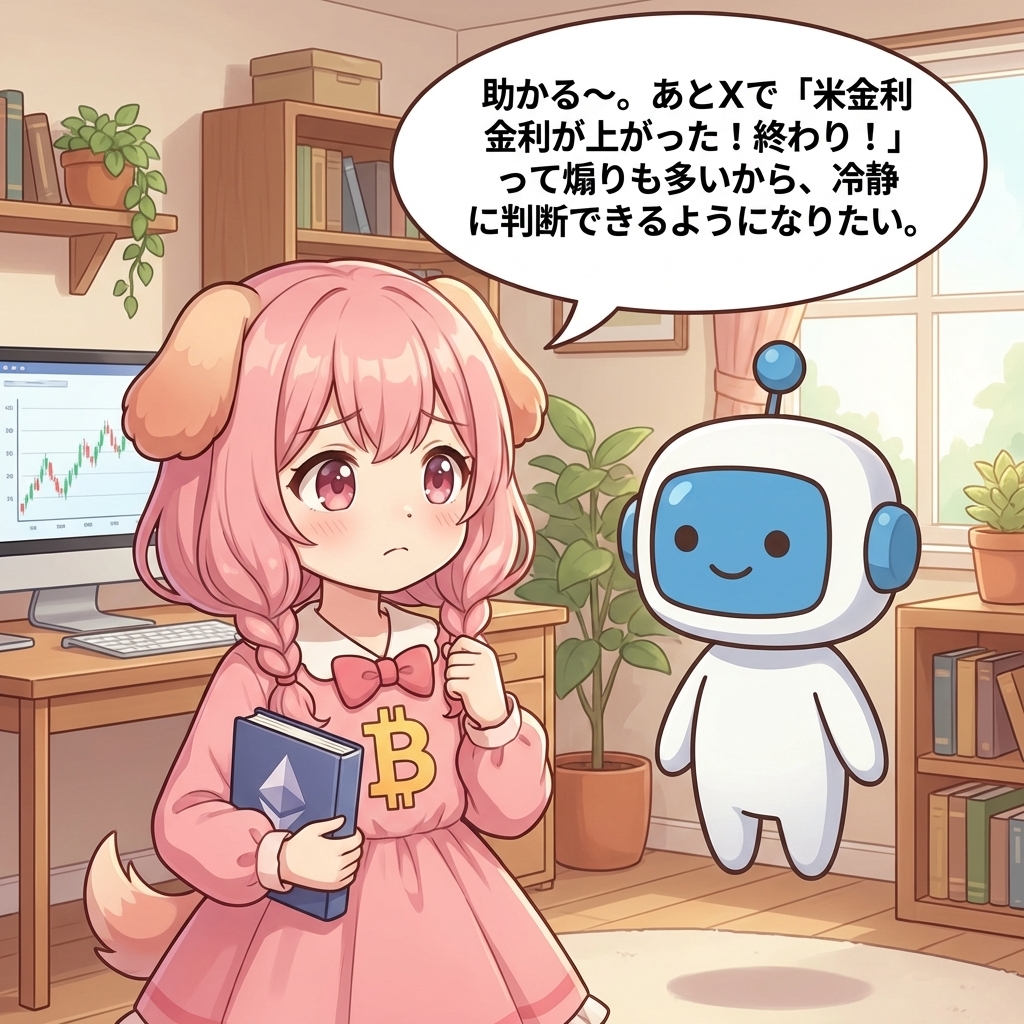 ビトちゃん吹き出し：助かる〜。あとXで「米金利が上がった！終わり！」って煽りも多いから、冷静に判断で
