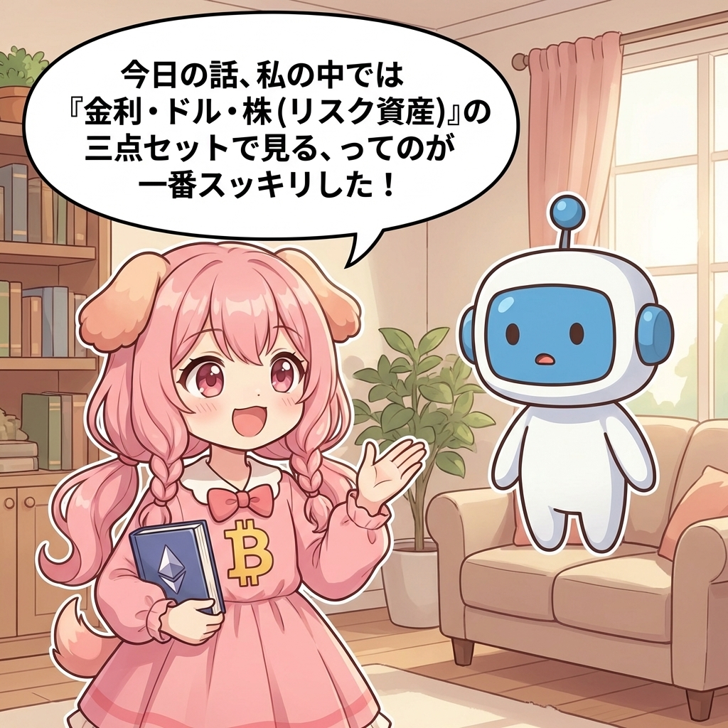 ビトちゃん吹き出し：今日の話、私の中では「金利・ドル・株（リスク資産）」の三点セットで見る、ってのが