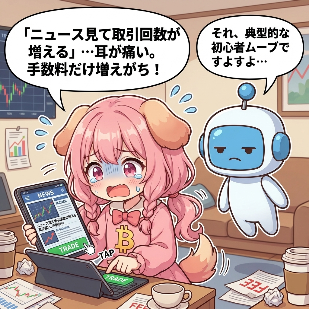 ビトちゃん吹き出し：あと初心者あるある、「ニュース見て取引回数が増える」…耳が痛い。手数料だけ増えが