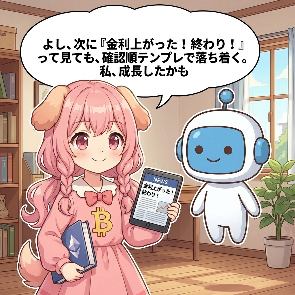 ビトちゃん吹き出し：よし、次に「金利上がった！終わり！」って見ても、確認順テンプレで落ち着く。私、成