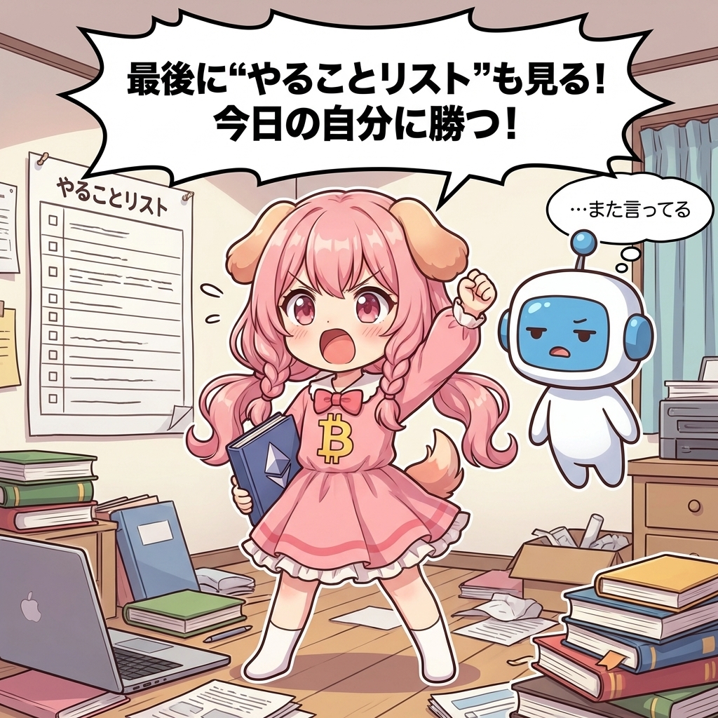 ビトちゃん吹き出し：最後に“やることリスト”も見る！ 今日の自分に勝つ！