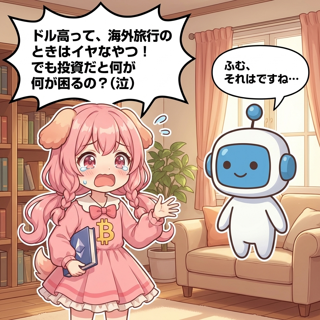 ビトちゃん吹き出し：ドル高って、海外旅行のときはイヤなやつ！ でも投資だと何が困るの？