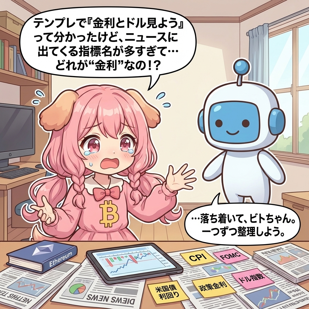 ビトちゃん吹き出し：テンプレで「金利とドル見よう」って分かったけど、ニュースに出てくる指標名が多すぎ