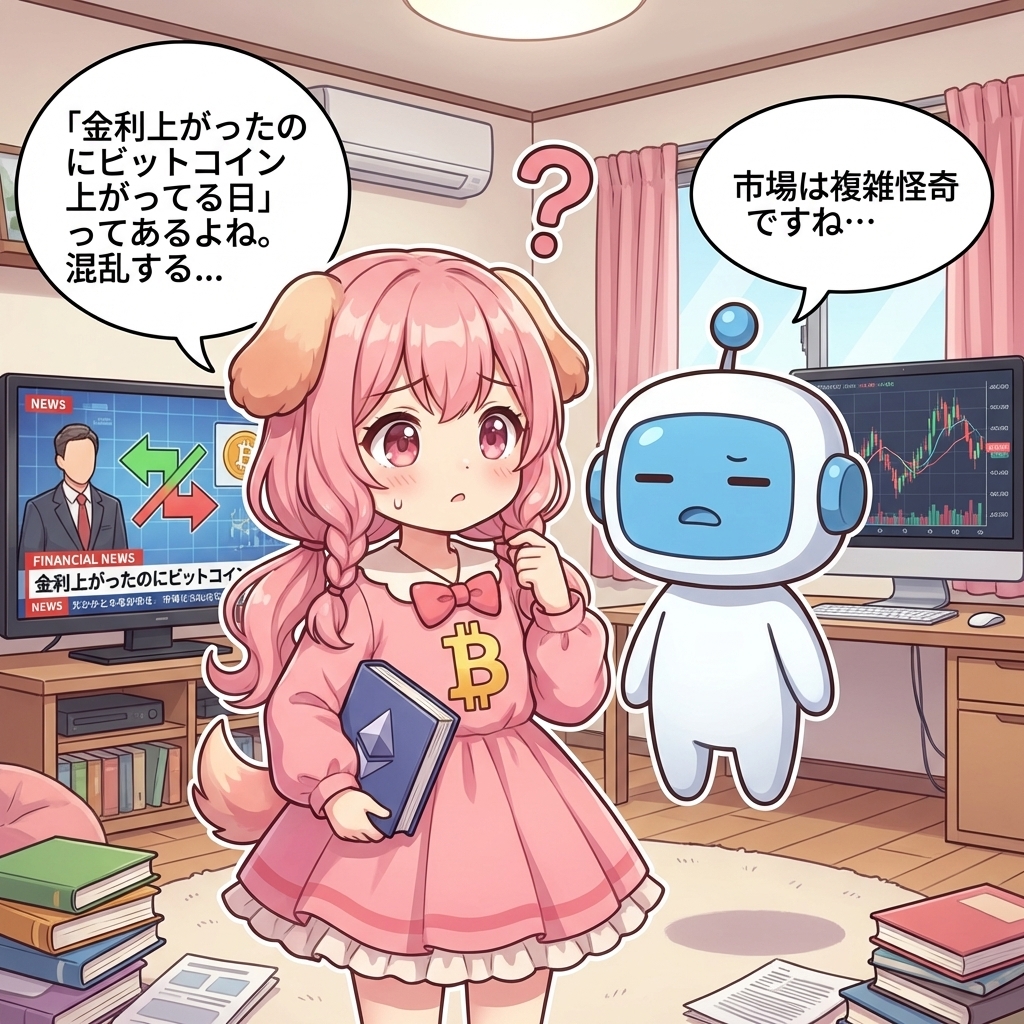 ビトちゃん吹き出し：ここ重要！ 「金利上がったのにビットコイン上がってる日」ってあるよね。混乱する…