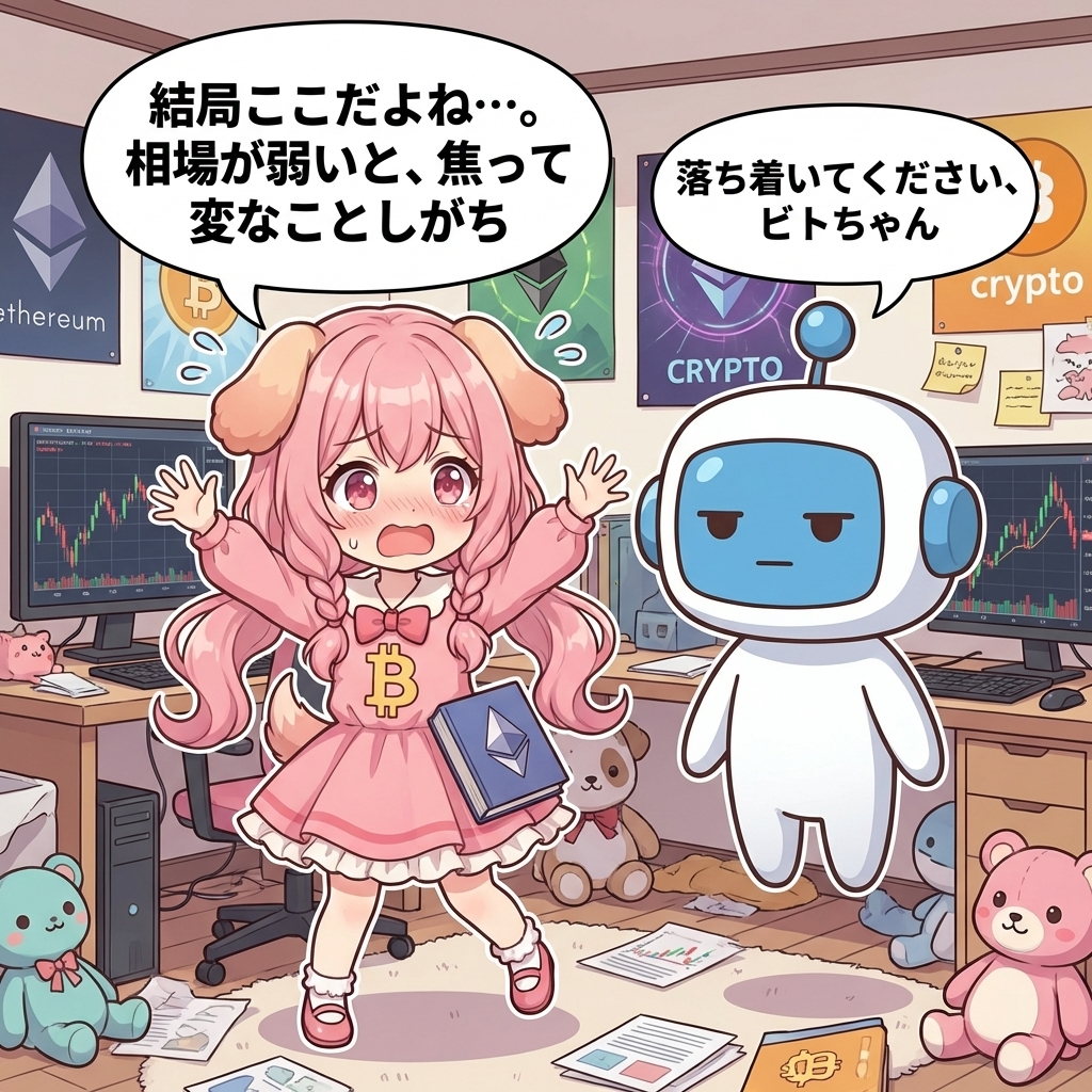 ビトちゃん吹き出し：結局ここだよね…。相場が弱いと、焦って変なことしがち