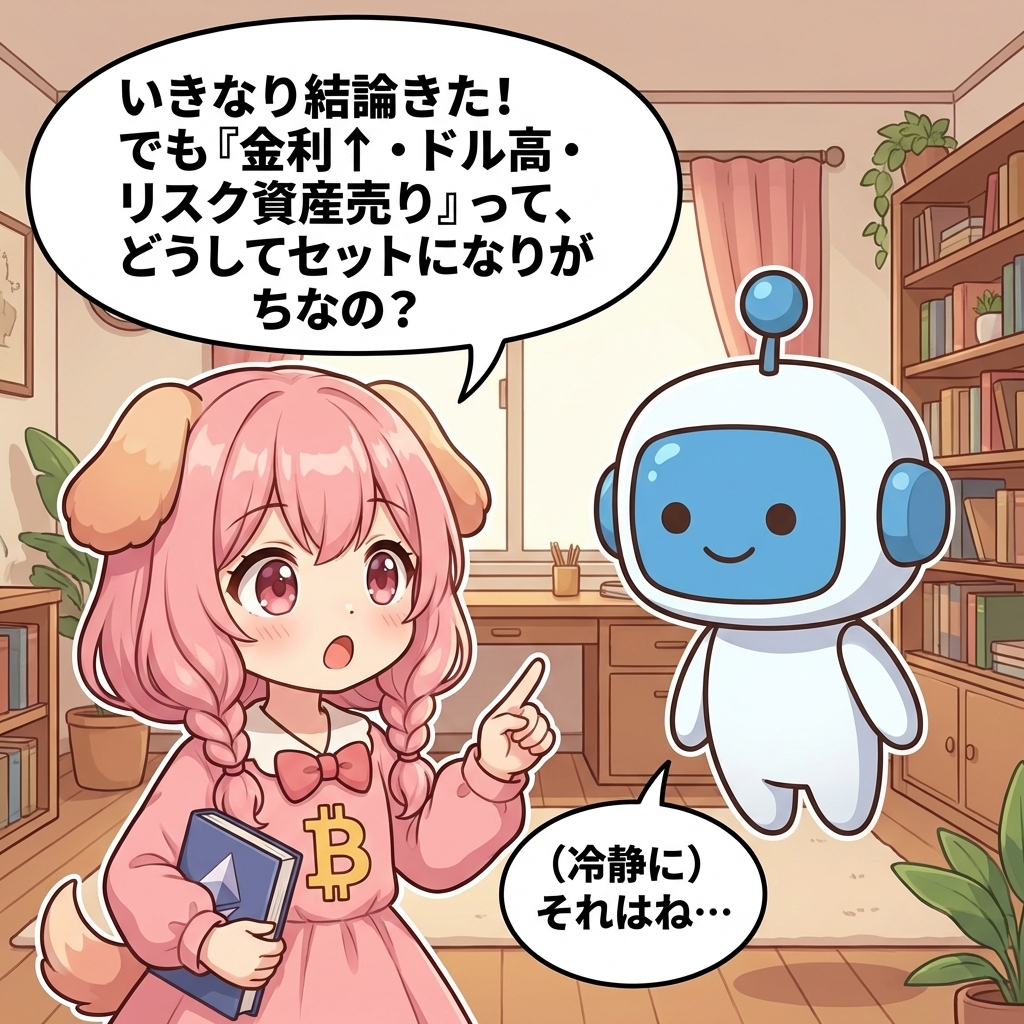 ビトちゃん吹き出し：いきなり結論きた！ でも「金利↑・ドル高・リスク資産売り」って、どうしてセットに