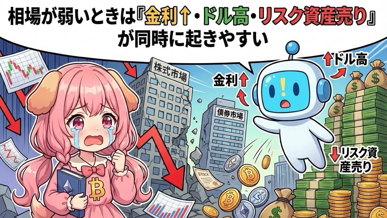 結論：相場が弱いときは「金利↑・ドル高・リスク資産売り」が同時に起きやすい
